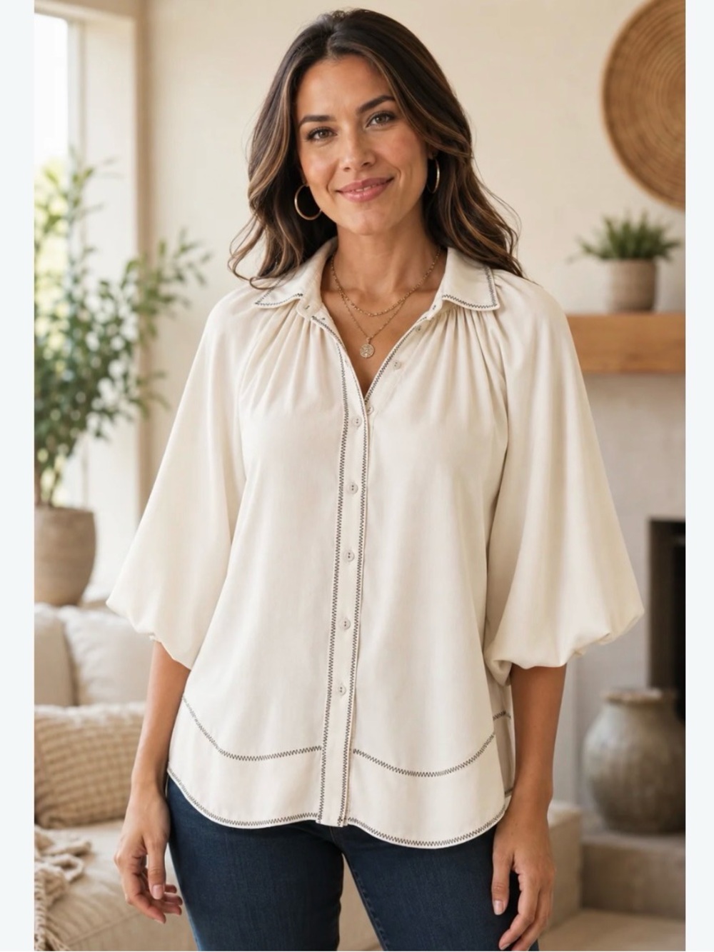 Gigio Cream Button-Front Blouse with Balloon Sleeves Large